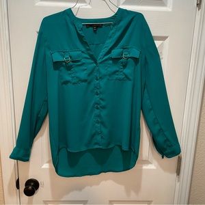 Harve Benard aqua green button up shirt sheer material